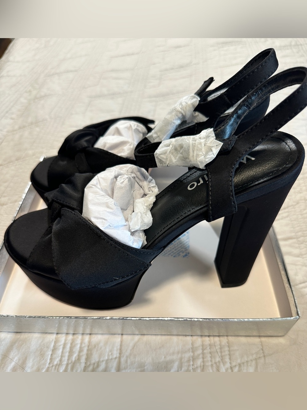 Wetviro Black Bow Platform Slingback Heels Size 7 New